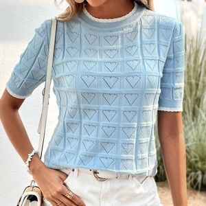 Dusty Blue Heart Print Short Sleeve Knit Top